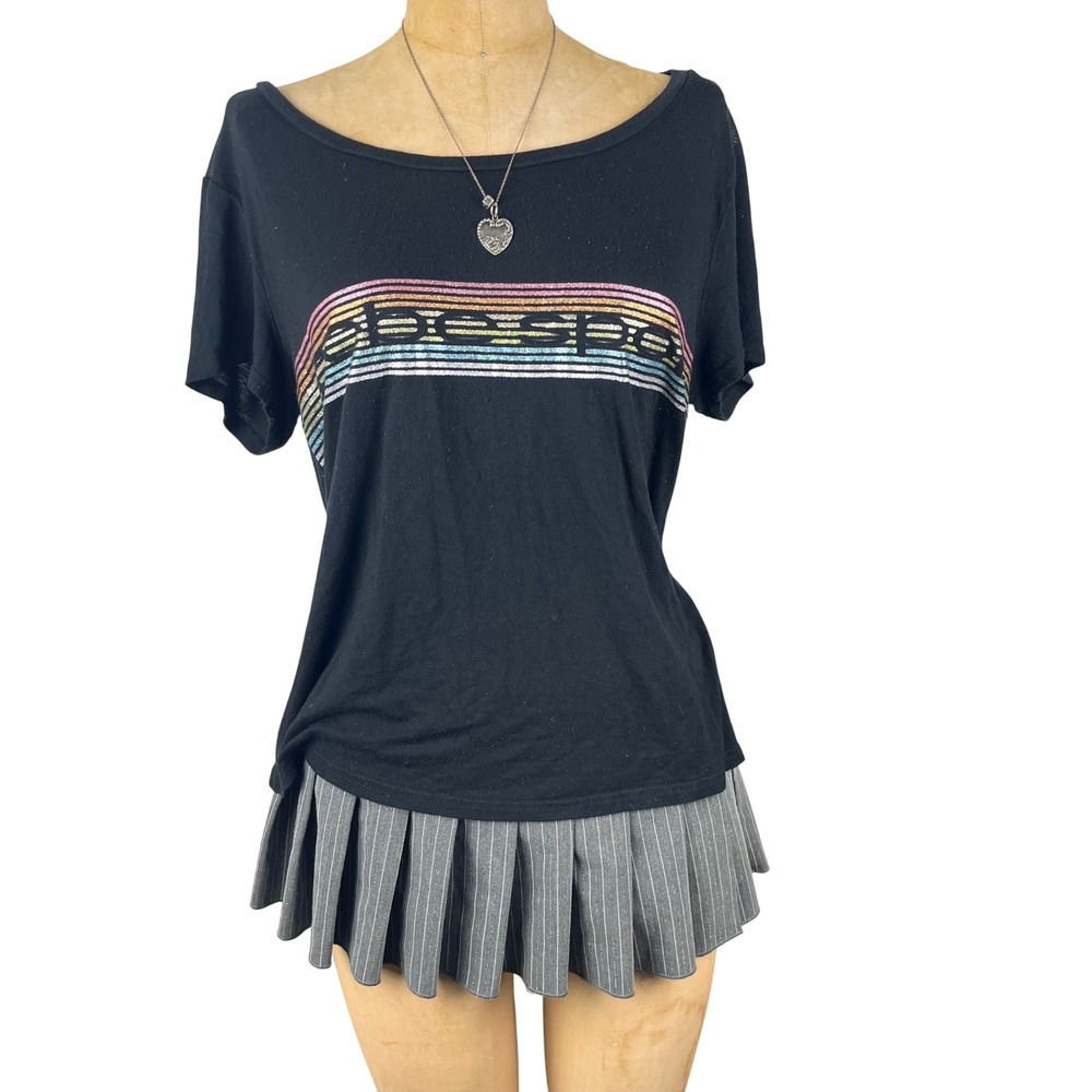 Retro‎ Bebe Sport T-Shirt Rainbow Glitter Logo Mesh Shoulder Sz L 2000's Y2k
